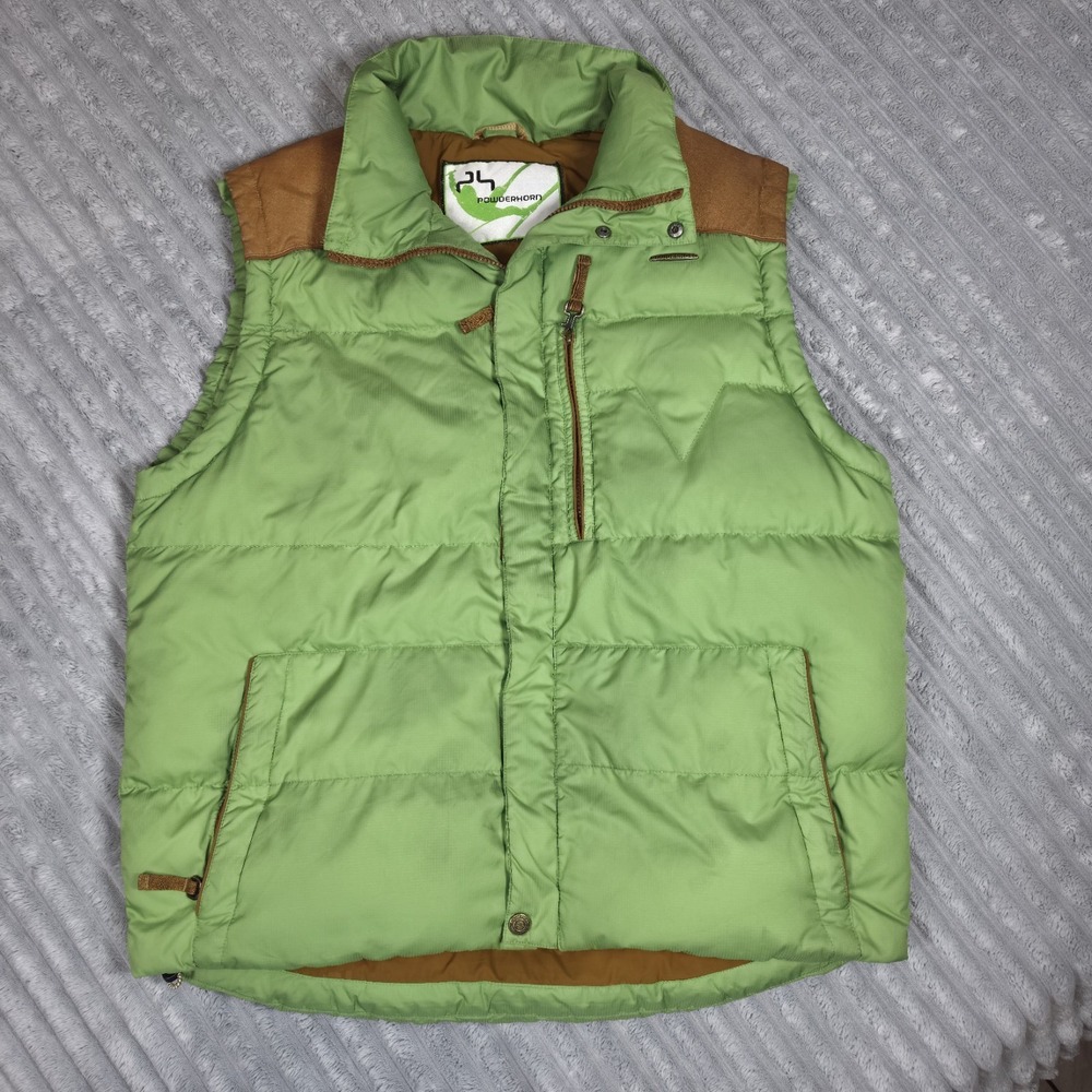 POWDERHORN Vintage Mens Down Puffer Vest Size L Western Faux Leather Shoulders